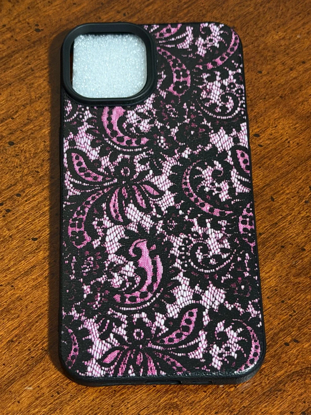 iPhone 14 Pink Lace Pattern Phone Case - Stylish Protective Cover